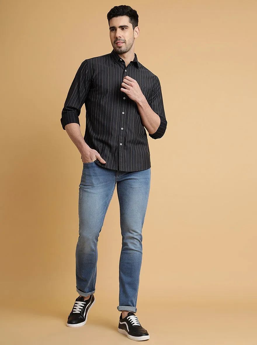 Dark Grey Striped Slim Fit Semi Casual Shirt | JadeBlue