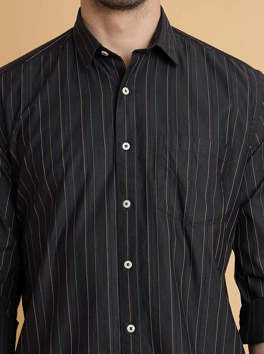 Dark Grey Striped Slim Fit Semi Casual Shirt | JadeBlue