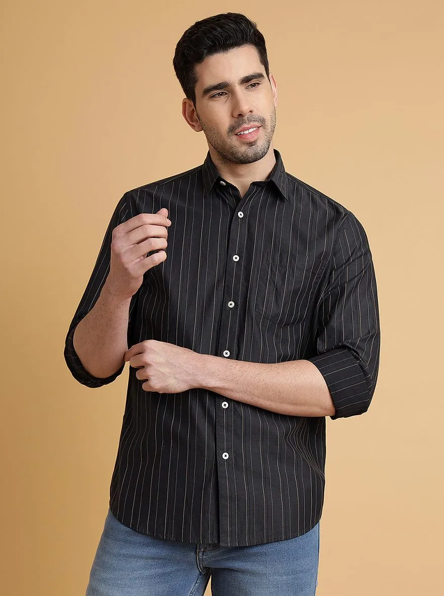Dark Grey Striped Slim Fit Semi Casual Shirt | JadeBlue