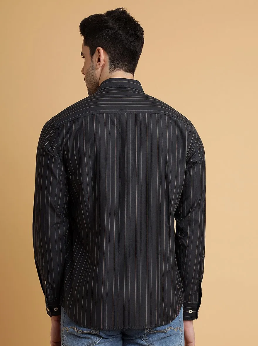 Dark Grey Striped Slim Fit Semi Casual Shirt | JadeBlue