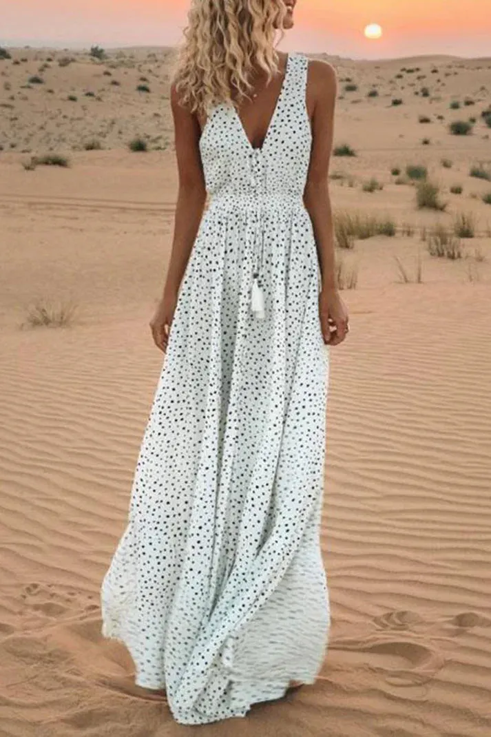 Deanne - Bohemian-style polka-dot patchwork dresses with V-neckline and A-line cut
