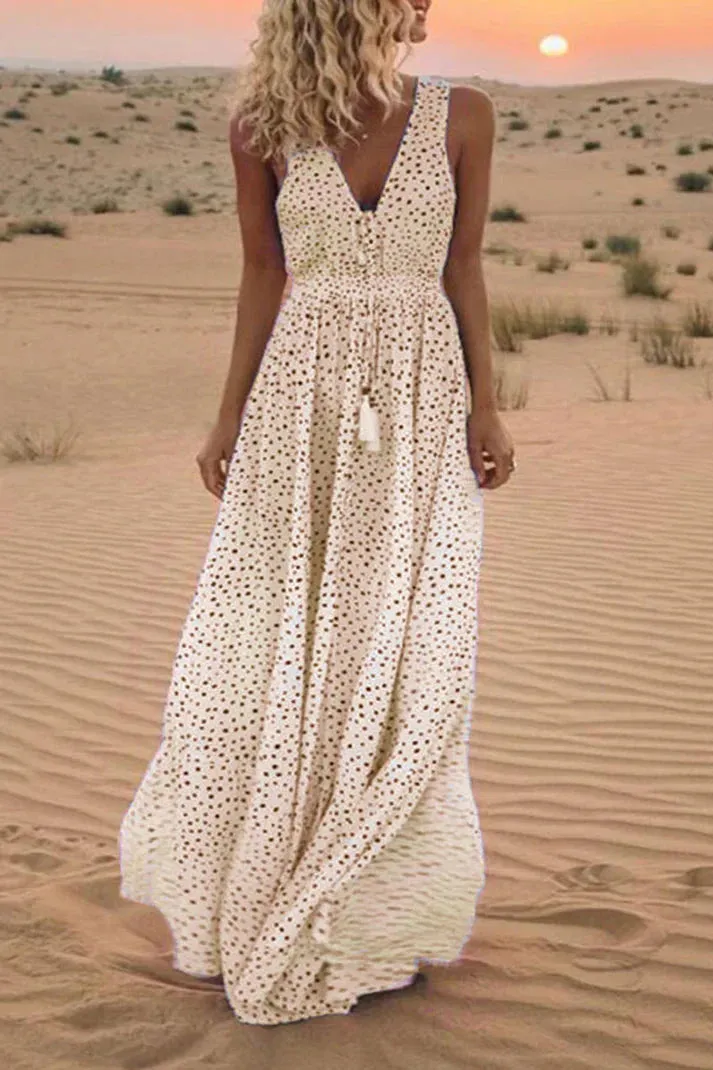 Deanne - Bohemian-style polka-dot patchwork dresses with V-neckline and A-line cut