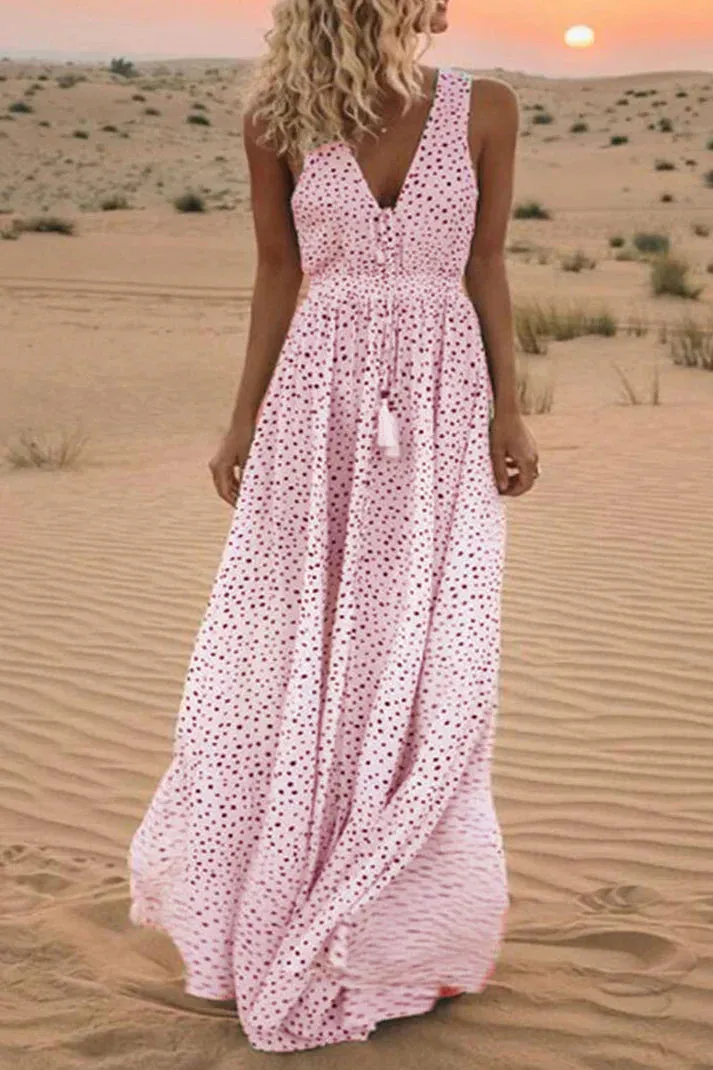 Deanne - Bohemian-style polka-dot patchwork dresses with V-neckline and A-line cut