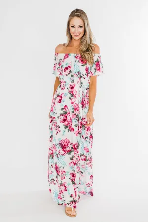 Dear Darling Off The Shoulder Floral Maxi Dress- White