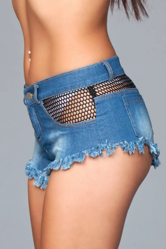 Denim Shorts With Fishnet Top Trimming and Fringe  Bottom Details - Large