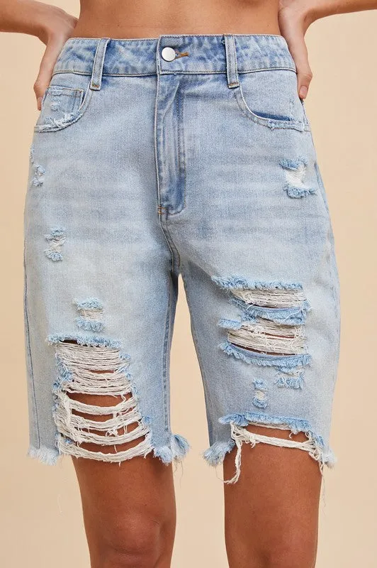 Distressed Ridged Bermuda Denim Shorts