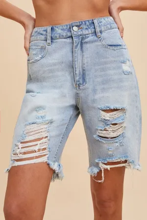 Distressed Ridged Bermuda Denim Shorts