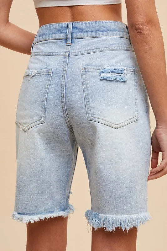 Distressed Ridged Bermuda Denim Shorts