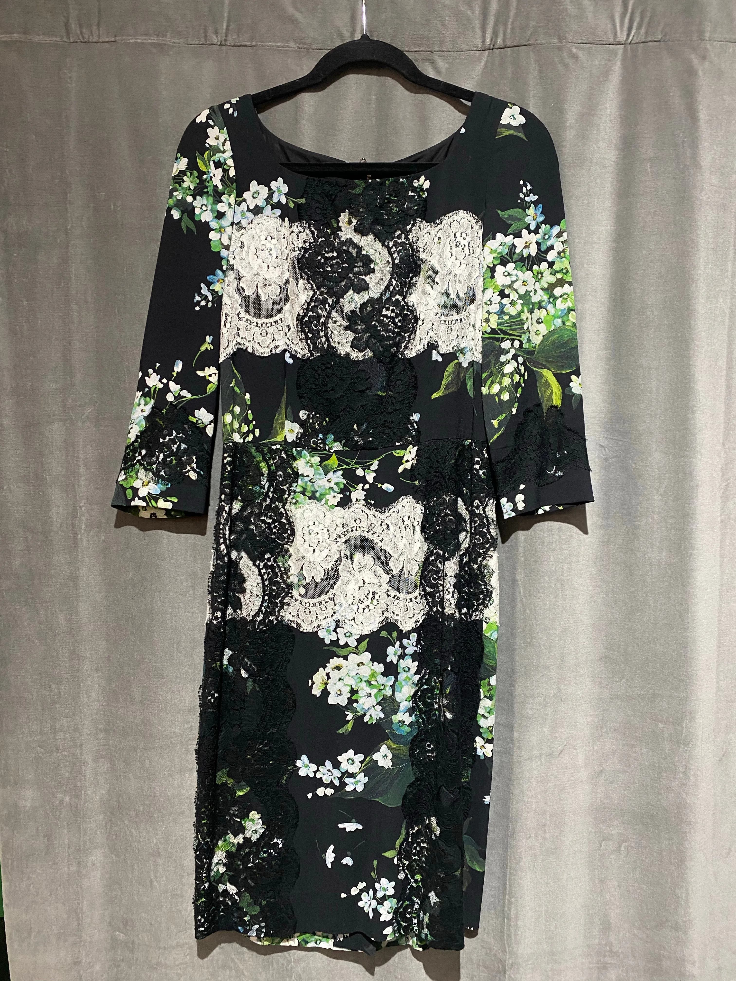 Dolce & Gabbana Black Three Quarter Sleeve Floral and Lace Dress