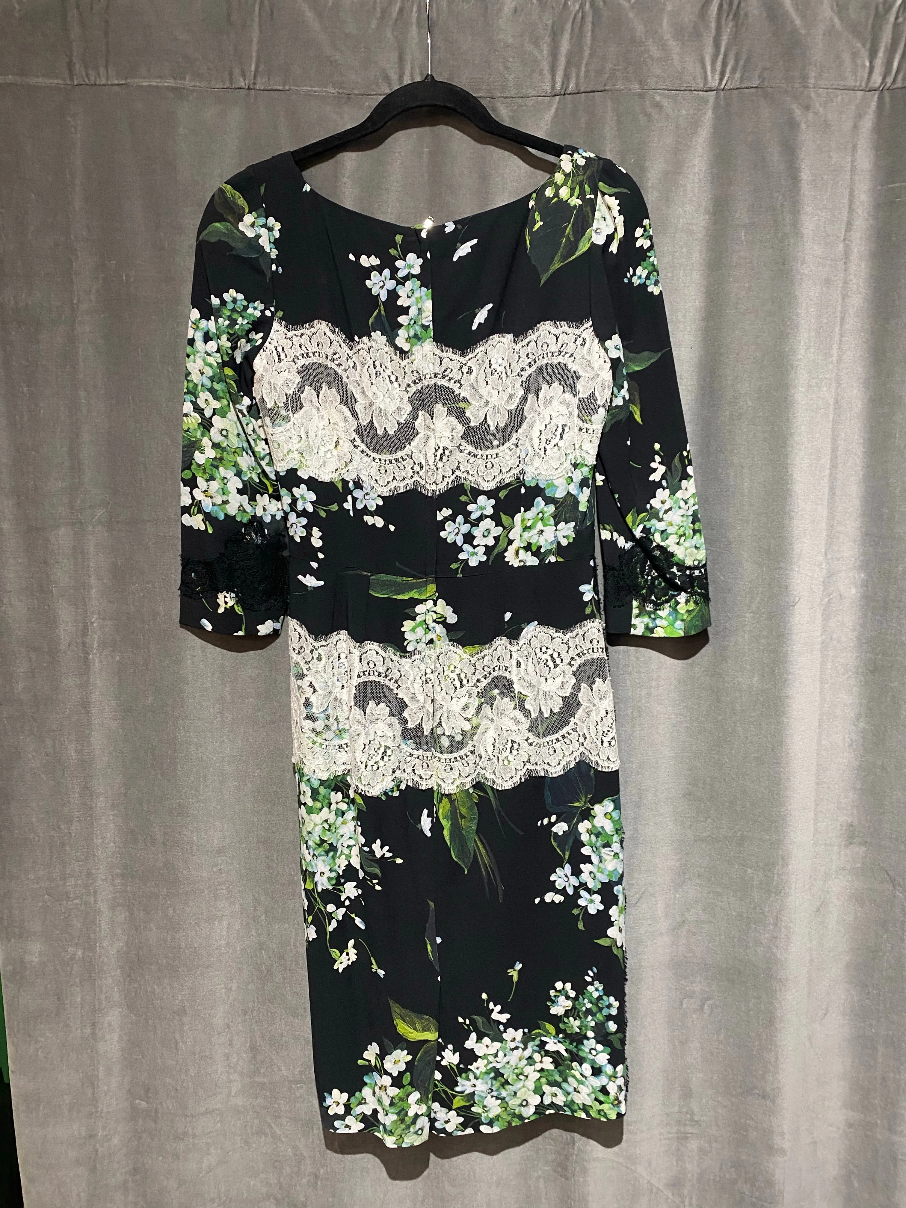Dolce & Gabbana Black Three Quarter Sleeve Floral and Lace Dress