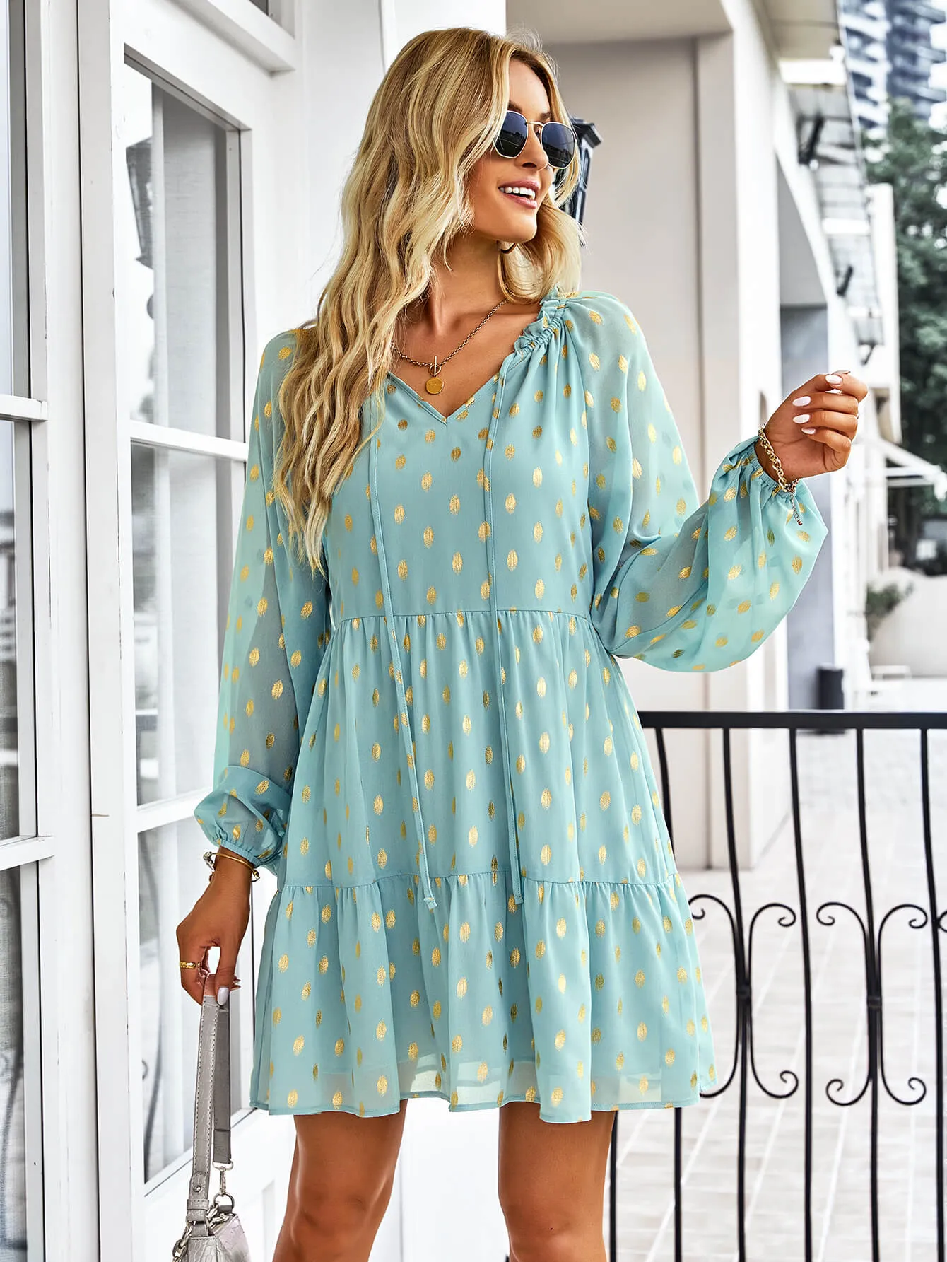 Dotted Tie-Neck Frill Trim Tiered Dress-Online Exclusive