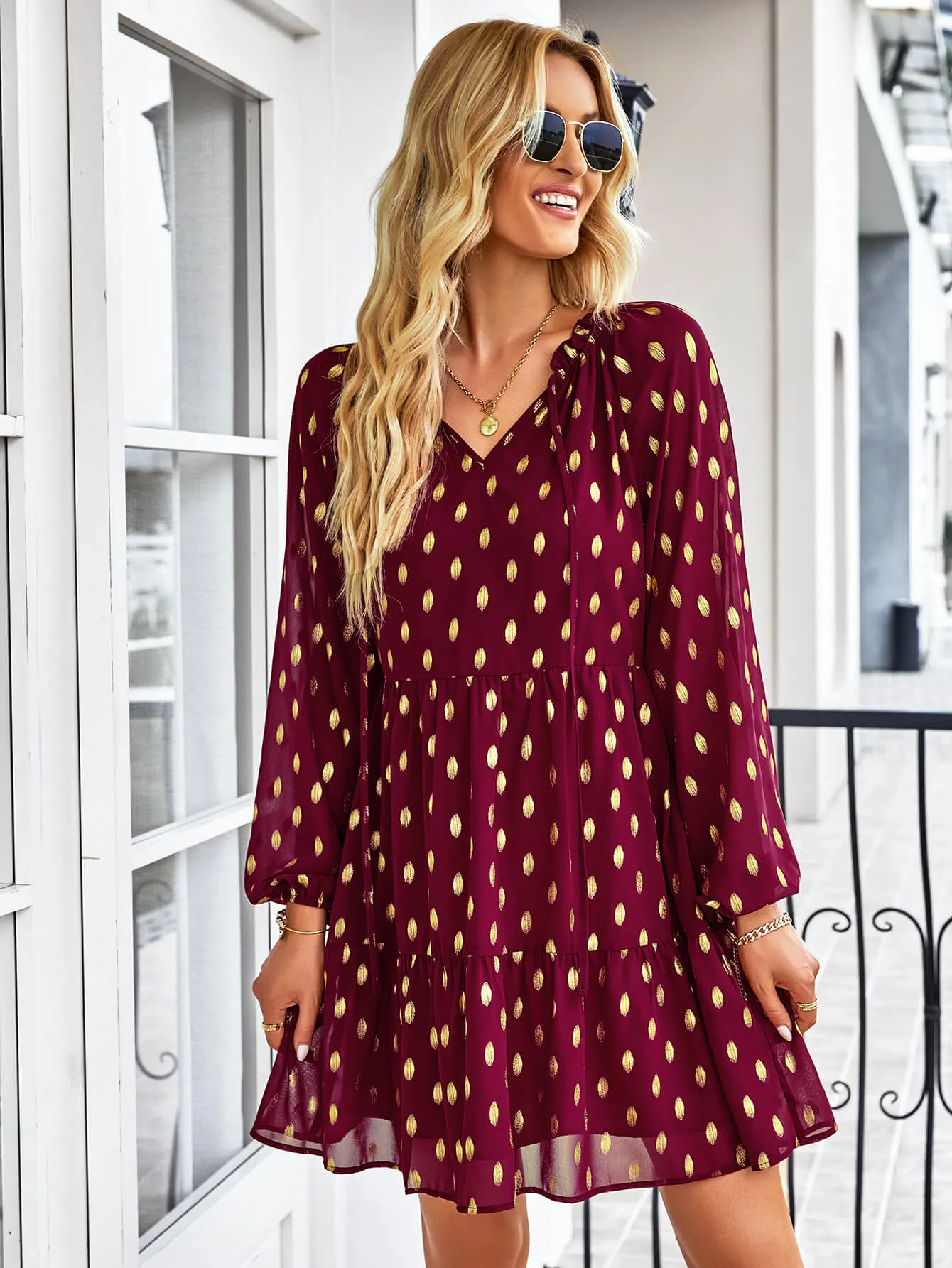 Dotted Tie-Neck Frill Trim Tiered Dress-Online Exclusive