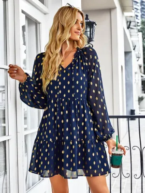Dotted Tie-Neck Frill Trim Tiered Dress-Online Exclusive