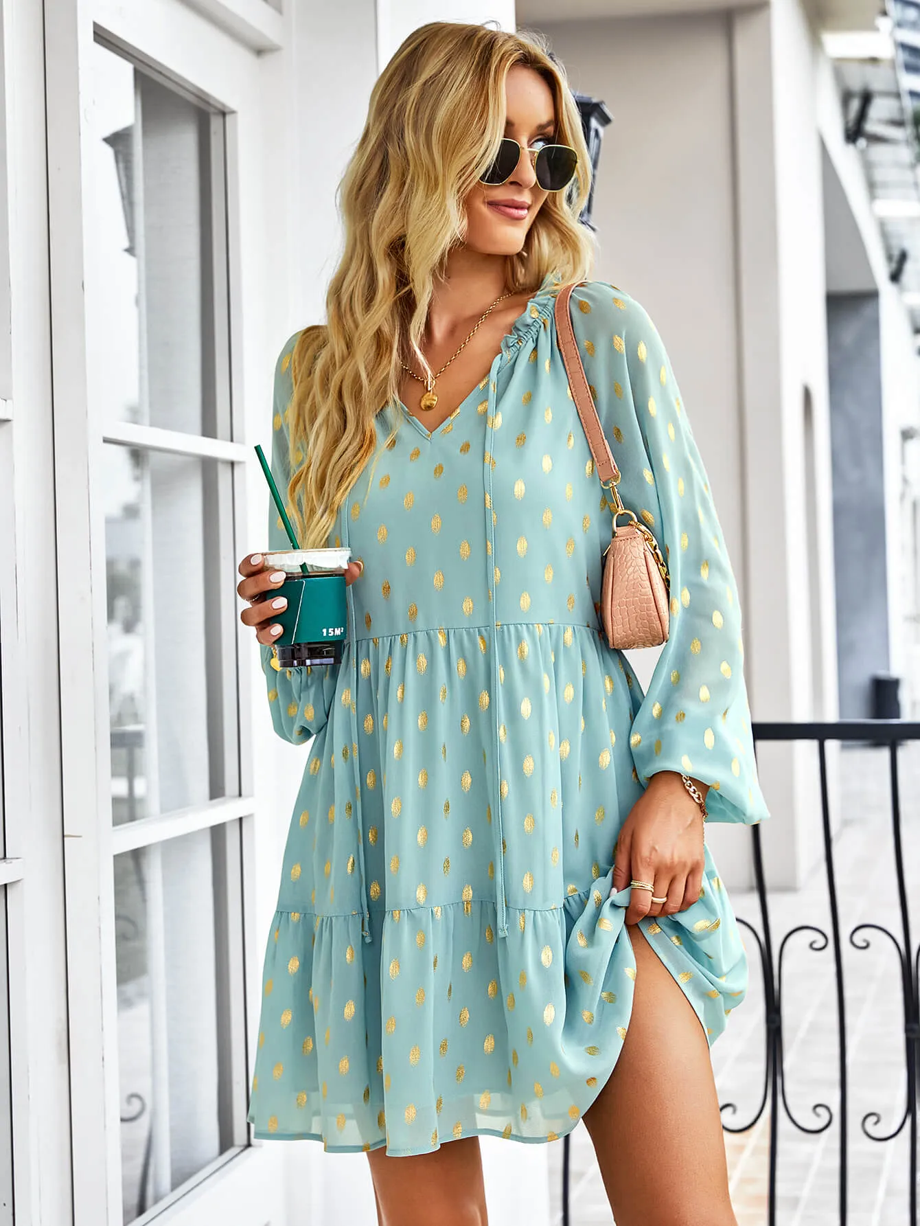 Dotted Tie-Neck Frill Trim Tiered Dress-Online Exclusive