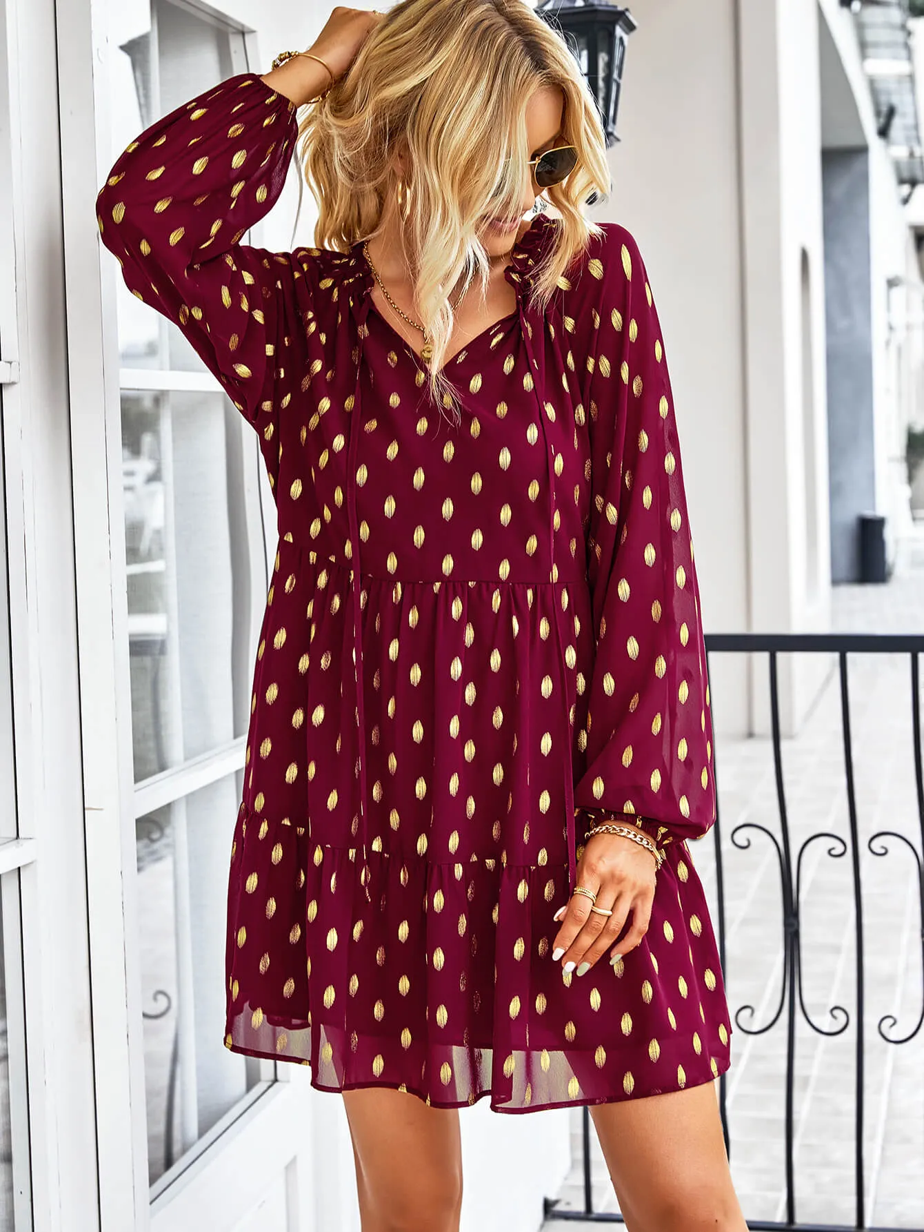 Dotted Tie-Neck Frill Trim Tiered Dress-Online Exclusive