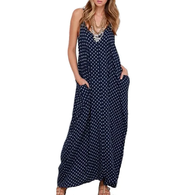 Dress Fashion Women Strapless Polka Dot Casual Loose Long Maxi Dress Beachwear Cotton Vestidos Plus Size