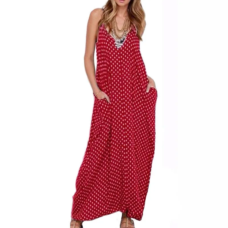 Dress Fashion Women Strapless Polka Dot Casual Loose Long Maxi Dress Beachwear Cotton Vestidos Plus Size