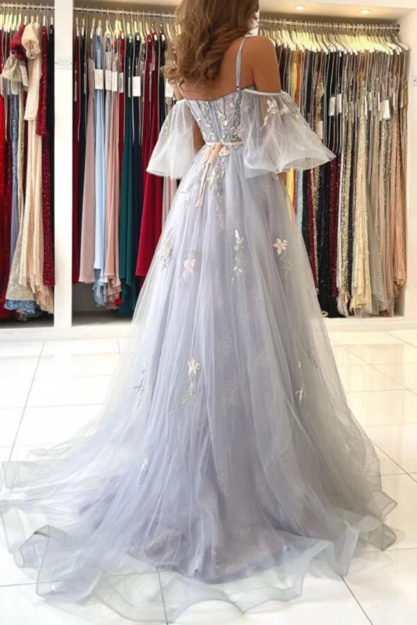 Elegant Blue Tulle A-line Off Shoulder Floral Prom Dresses, Evening Gown, MP734