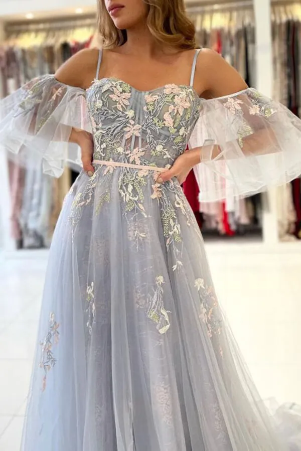 Elegant Blue Tulle A-line Off Shoulder Floral Prom Dresses, Evening Gown, MP734