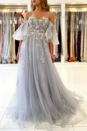 Elegant Blue Tulle A-line Off Shoulder Floral Prom Dresses, Evening Gown, MP734