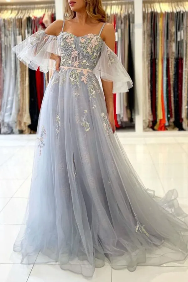 Elegant Blue Tulle A-line Off Shoulder Floral Prom Dresses, Evening Gown, MP734