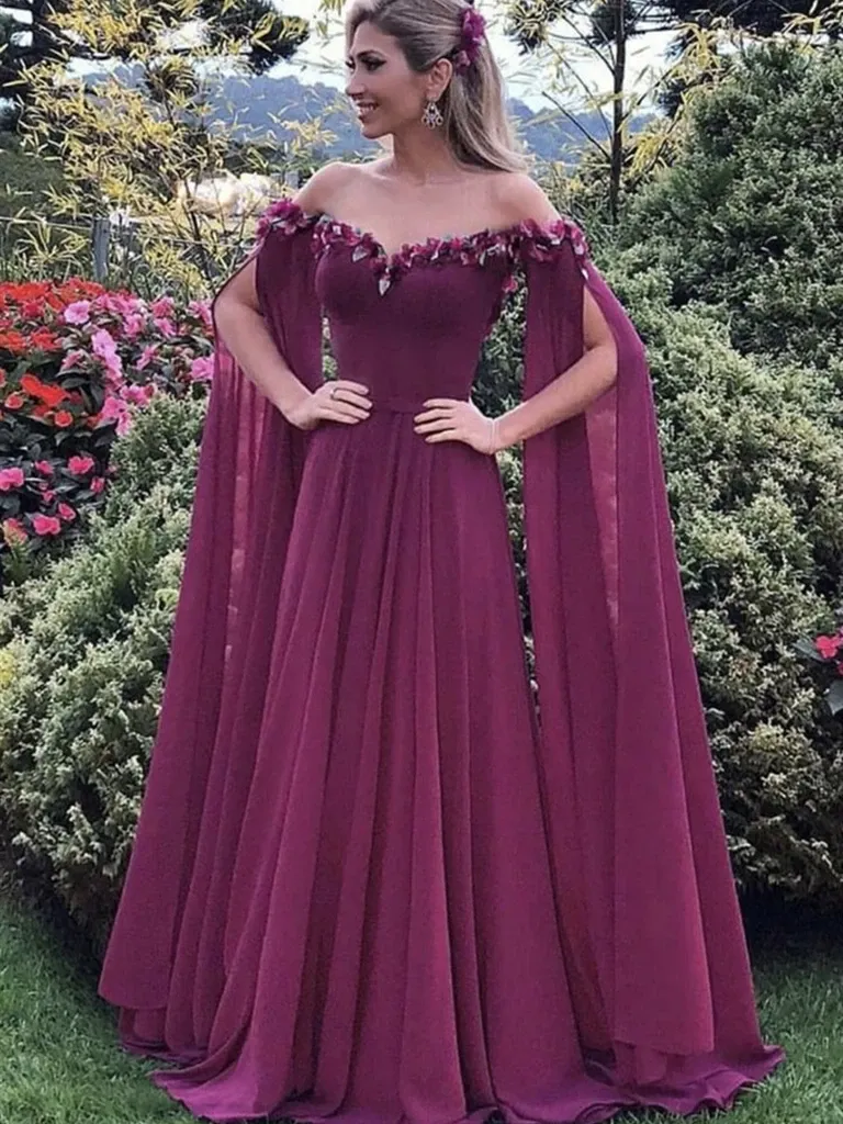 Elegant Long Sleeves Purple Chiffon Floral Long Prom Dresses, Purple Floral Formal Evening Graduation Dresses