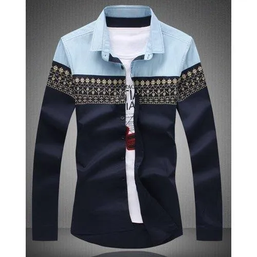Ethnic Print Splicing Turn-Down Collar Slimming Long Sleeve Shirt For Men - Cadetblue 2xl