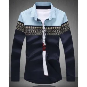 Ethnic Print Splicing Turn-Down Collar Slimming Long Sleeve Shirt For Men - Cadetblue 2xl