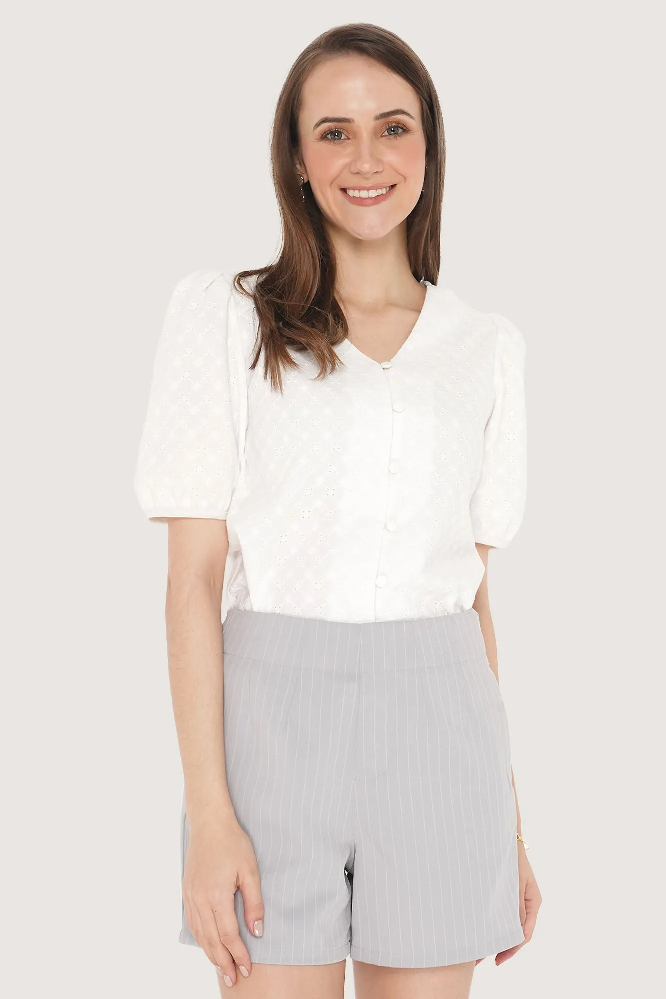 Eyelet Puff Sleeve V-Neck Top