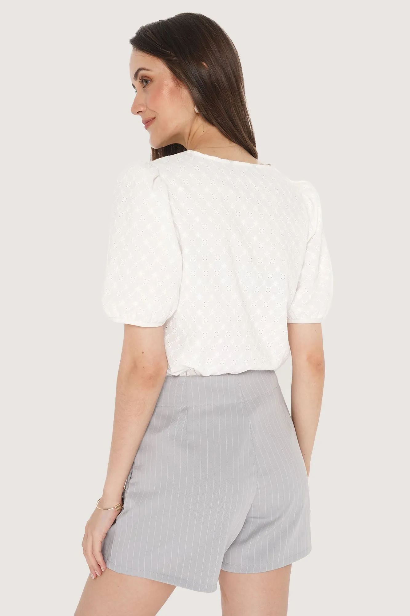 Eyelet Puff Sleeve V-Neck Top