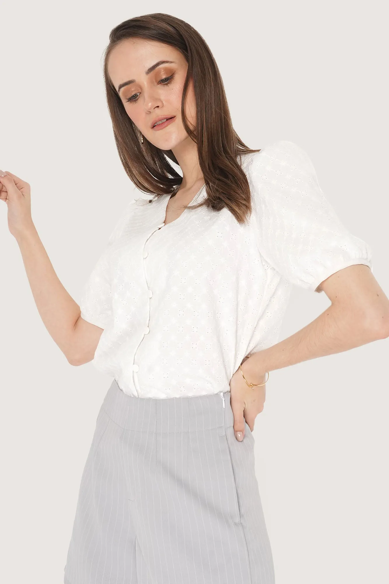 Eyelet Puff Sleeve V-Neck Top