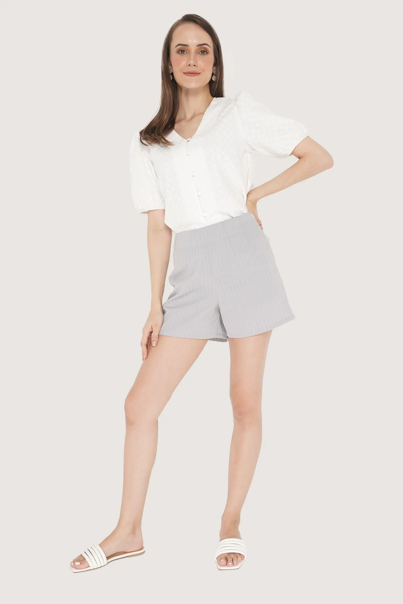Eyelet Puff Sleeve V-Neck Top