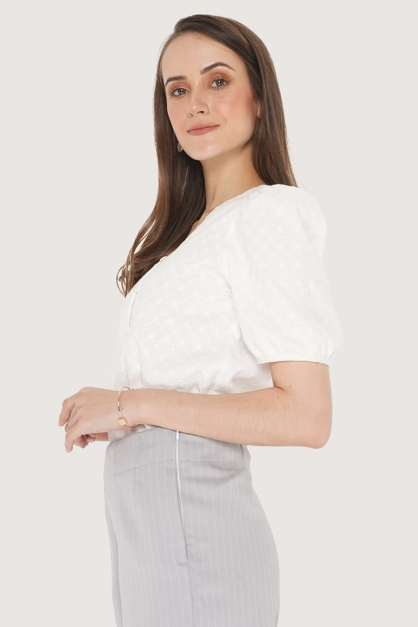 Eyelet Puff Sleeve V-Neck Top