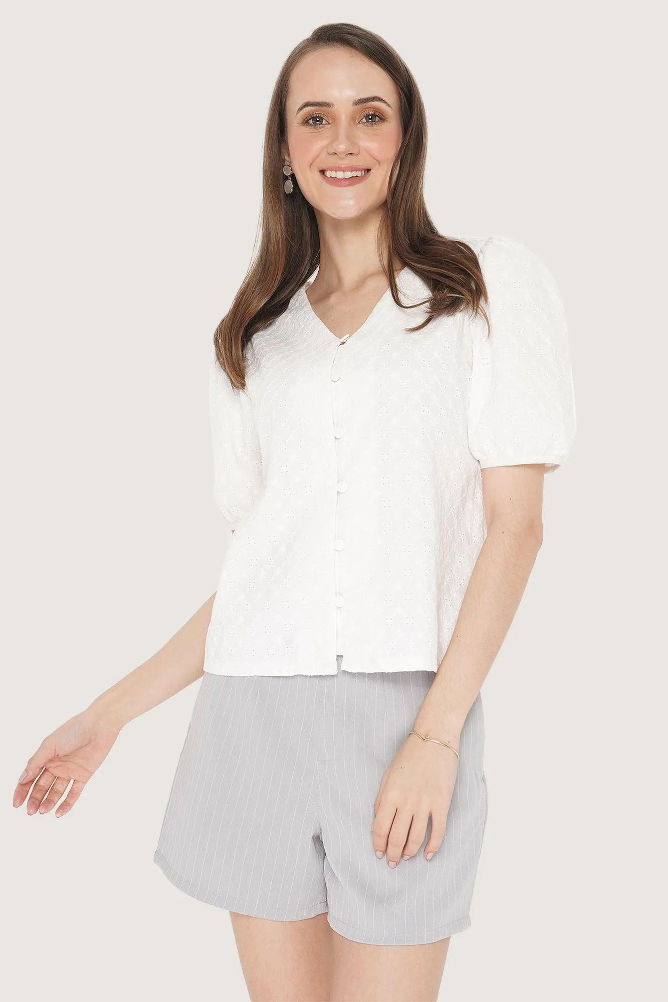 Eyelet Puff Sleeve V-Neck Top