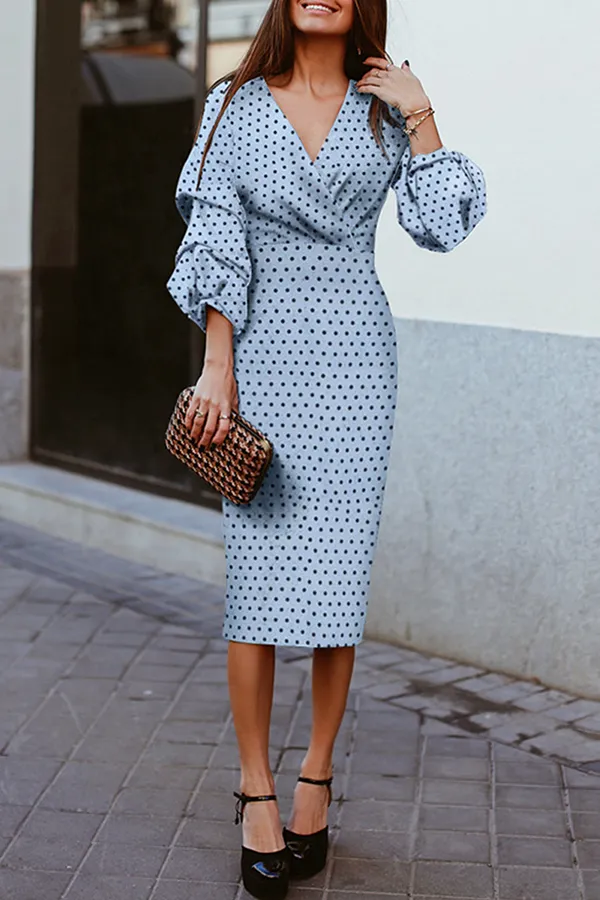 Fashion Elegant Polka Dot Patchwork Fold V Neck Waist Skirt Dresses
