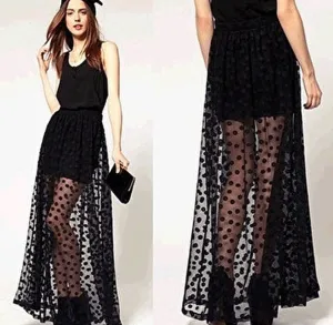 Fashion Women Polka Dot Layer Lace Mesh Long Maxi Skirt Slim Elastic Waist Skirt