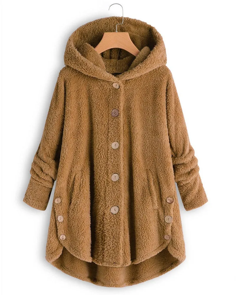 Female Jacket Plush Coat Fashion Warm Women Button Coat Fluffy Tail Tops Women's Hooded Jackets Pullover Loose Sweater Size Plus