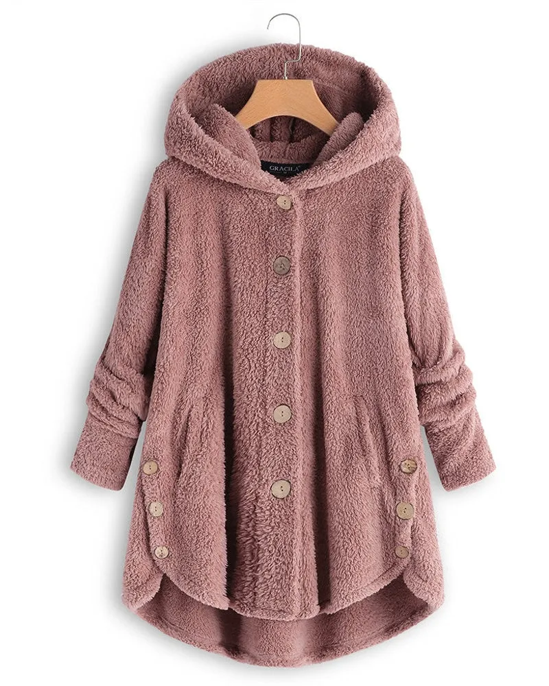 Female Jacket Plush Coat Fashion Warm Women Button Coat Fluffy Tail Tops Women's Hooded Jackets Pullover Loose Sweater Size Plus