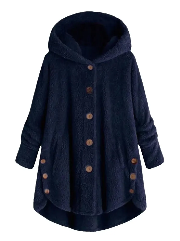 Female Jacket Plush Coat Fashion Warm Women Button Coat Fluffy Tail Tops Women's Hooded Jackets Pullover Loose Sweater Size Plus