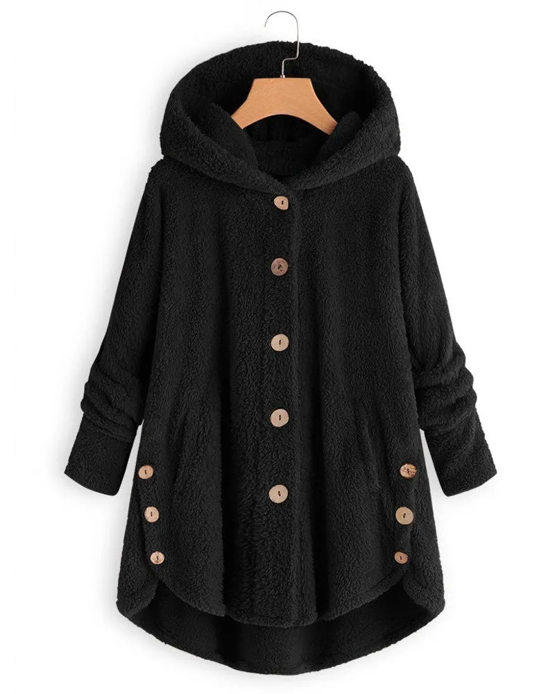 Female Jacket Plush Coat Fashion Warm Women Button Coat Fluffy Tail Tops Women's Hooded Jackets Pullover Loose Sweater Size Plus