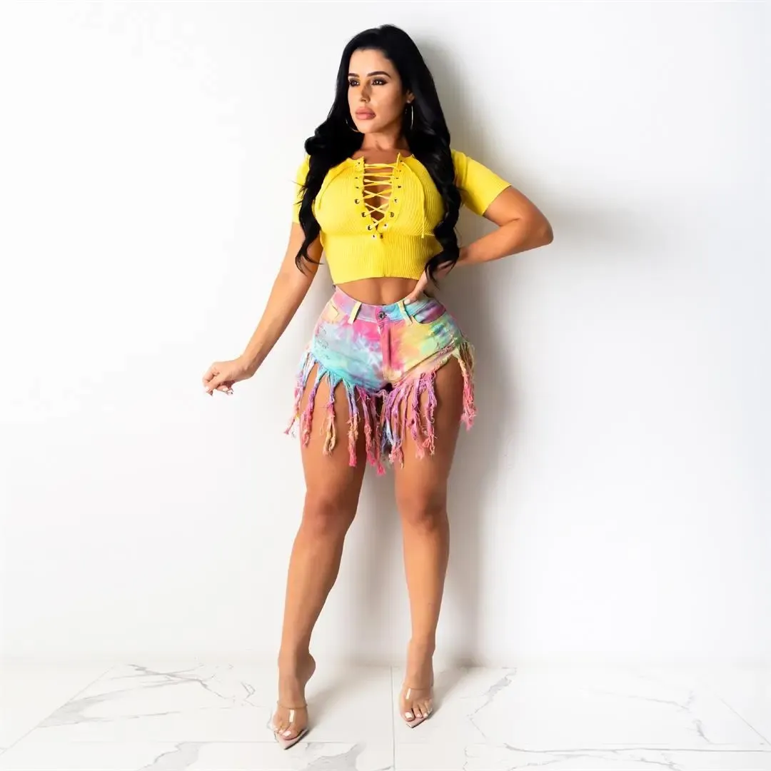 Festival Frenzy High Rise Tie Dye Fringe Denim Shorts