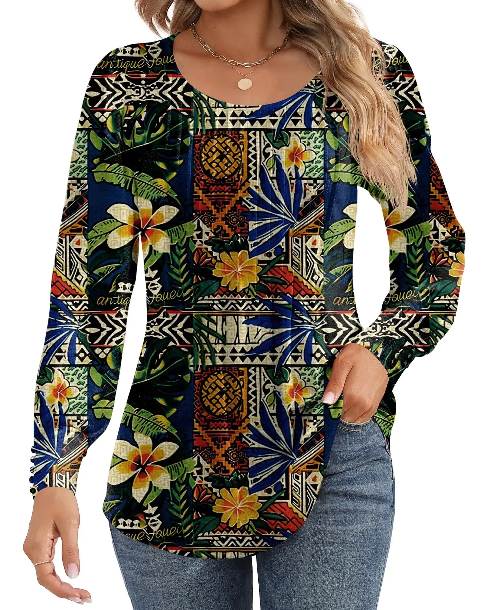 Ficerd Women's Puff Long Sleeve Tunic Tops Pleated Crew Neck Blouses Dressy Casual Loose Fit Fall and Winter Shirts Pink Floral Large