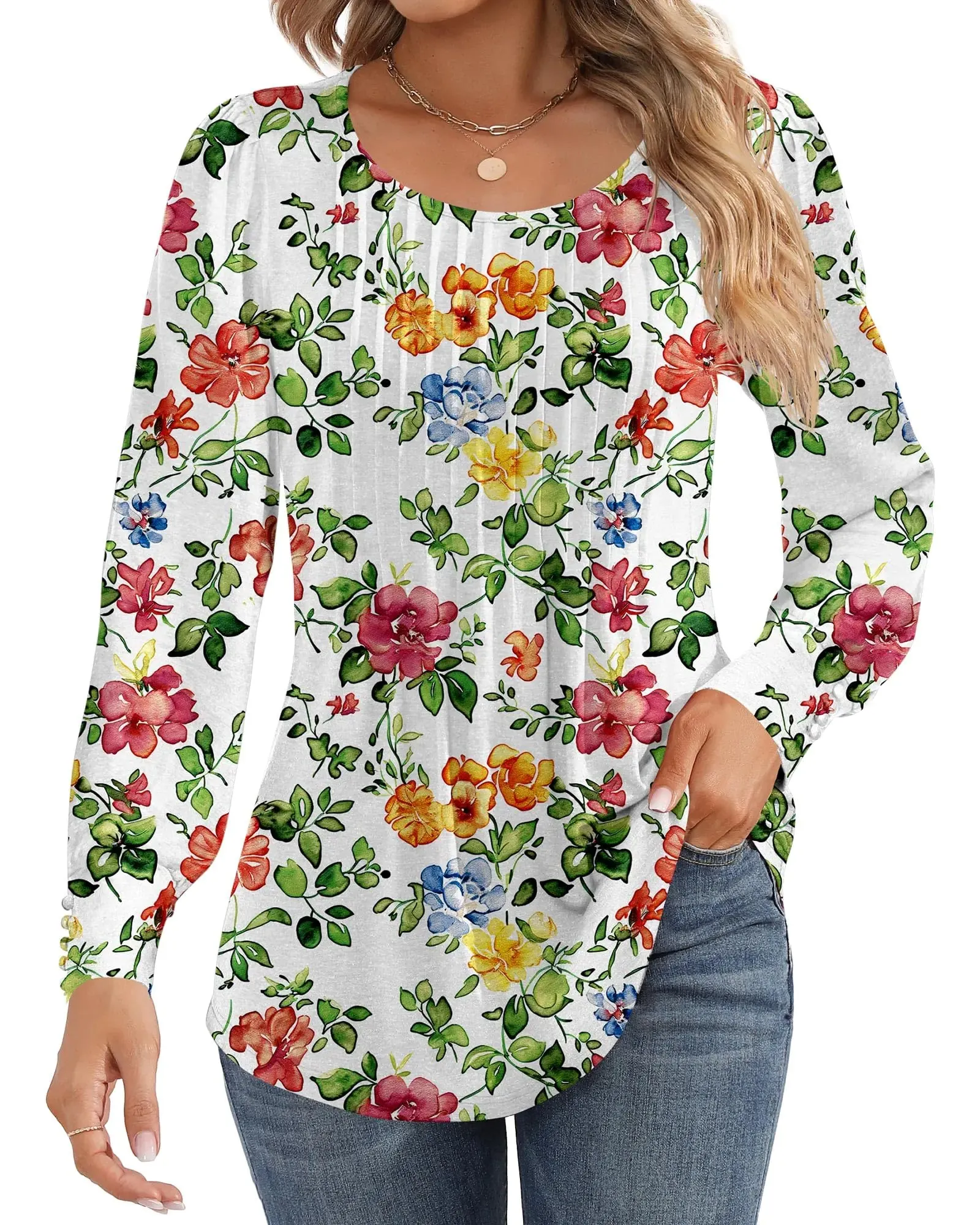 Ficerd Women's Puff Long Sleeve Tunic Tops Pleated Crew Neck Blouses Dressy Casual Loose Fit Fall and Winter Shirts Pink Floral Large