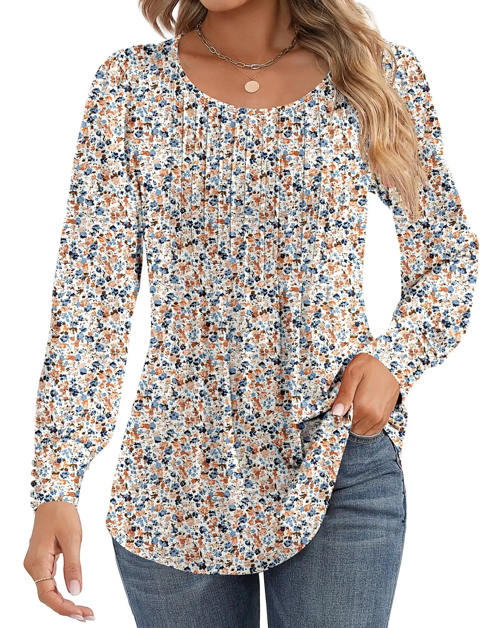 Ficerd Women's Puff Long Sleeve Tunic Tops Pleated Crew Neck Blouses Dressy Casual Loose Fit Fall and Winter Shirts Pink Floral Large
