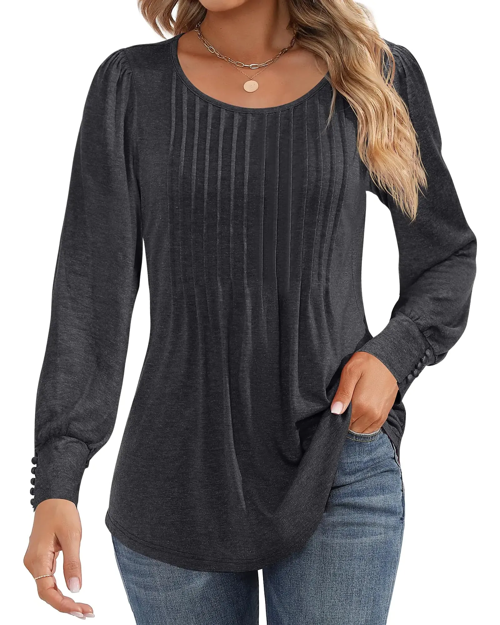 Ficerd Women's Puff Long Sleeve Tunic Tops Pleated Crew Neck Blouses Dressy Casual Loose Fit Fall and Winter Shirts Pink Floral Large