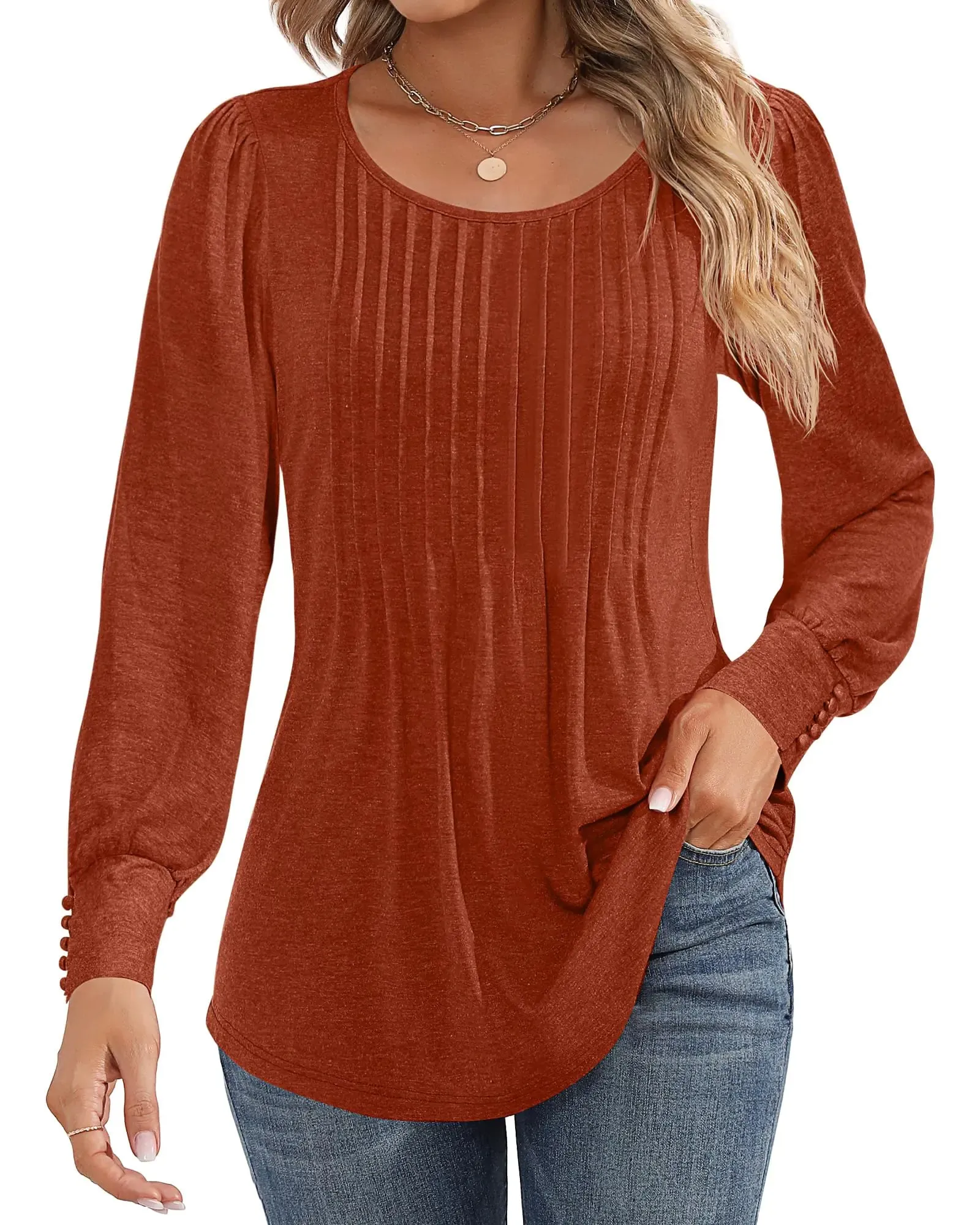 Ficerd Women's Puff Long Sleeve Tunic Tops Pleated Crew Neck Blouses Dressy Casual Loose Fit Fall and Winter Shirts Pink Floral Large