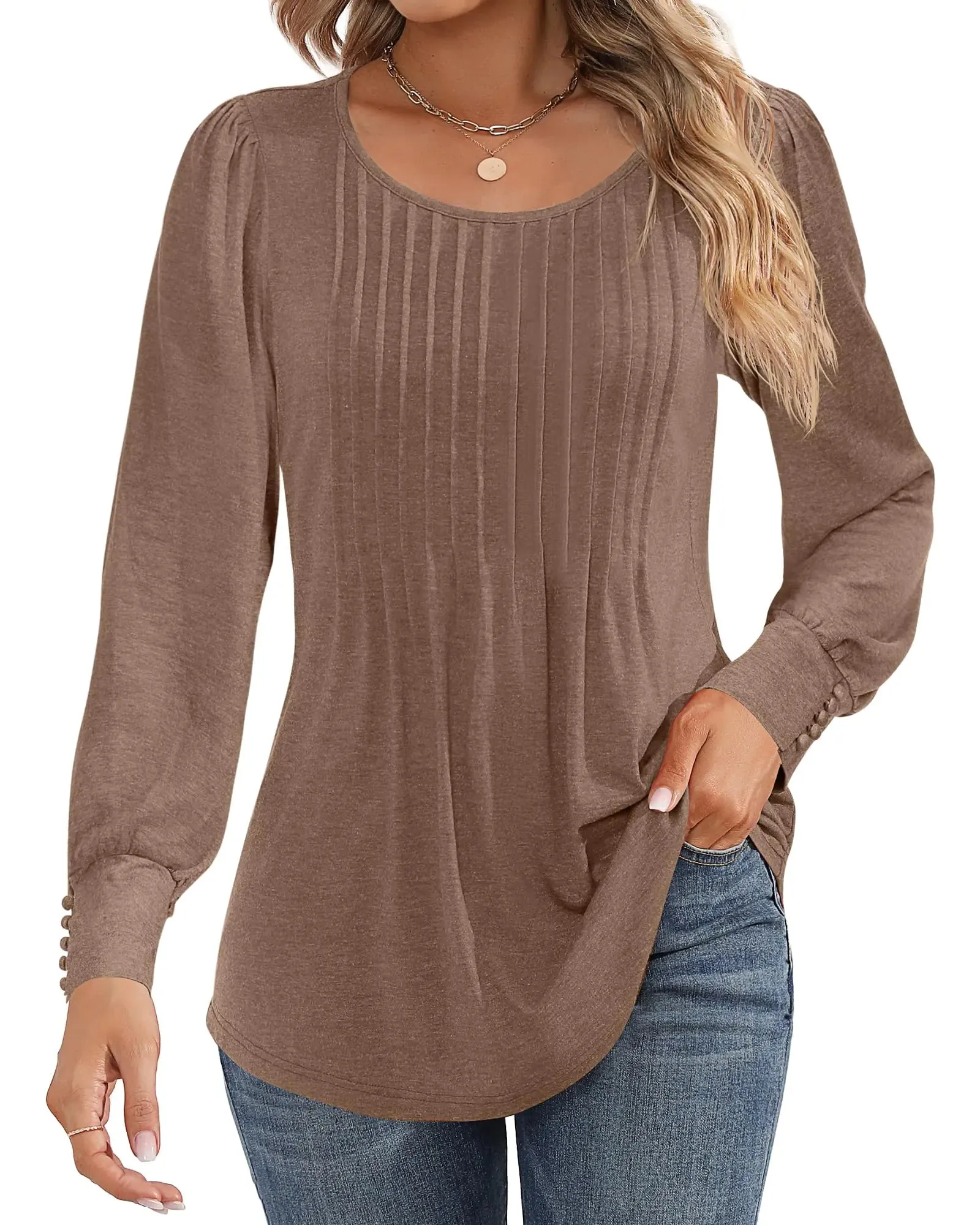 Ficerd Women's Puff Long Sleeve Tunic Tops Pleated Crew Neck Blouses Dressy Casual Loose Fit Fall and Winter Shirts Pink Floral Large