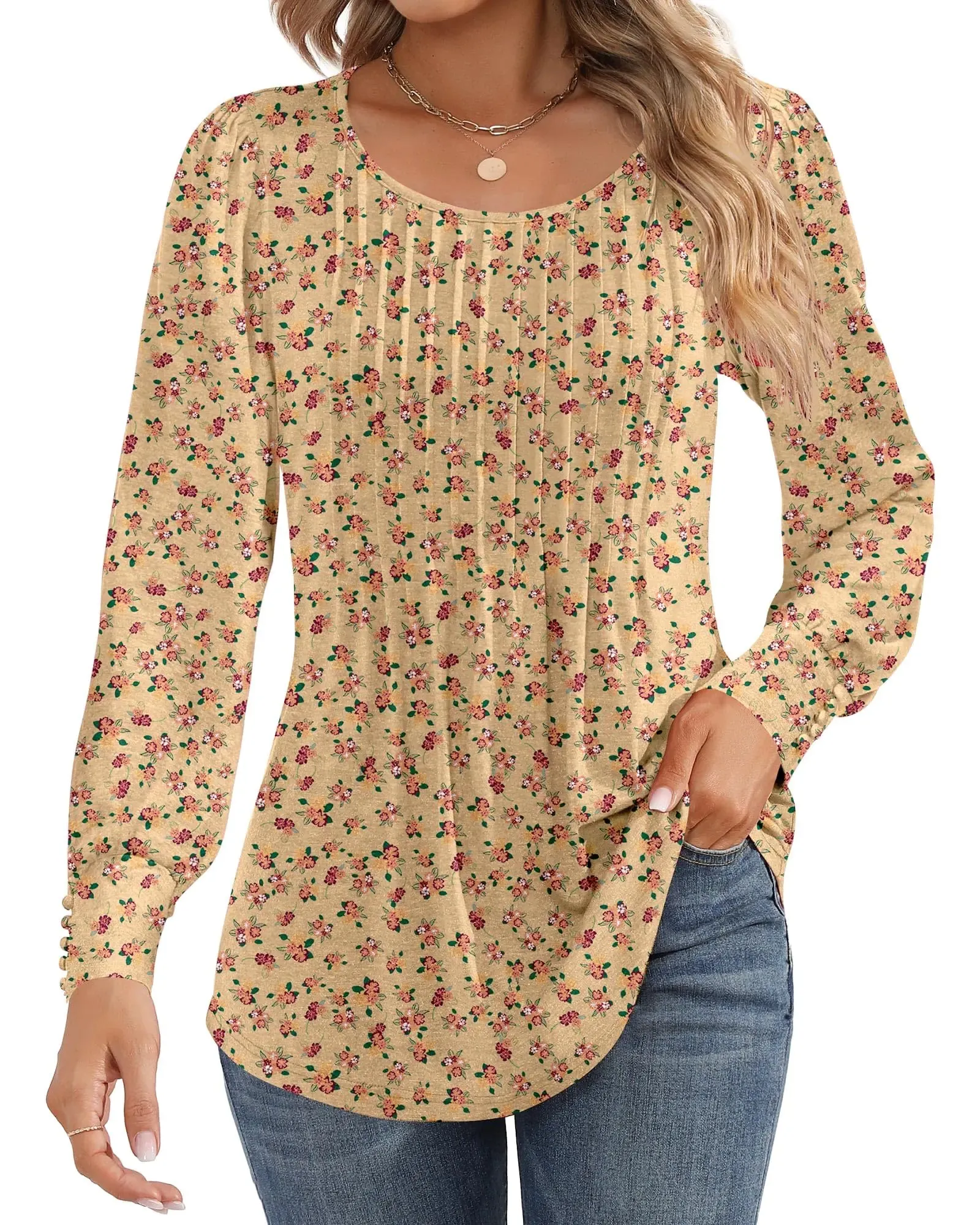 Ficerd Women's Puff Long Sleeve Tunic Tops Pleated Crew Neck Blouses Dressy Casual Loose Fit Fall and Winter Shirts Pink Floral Large