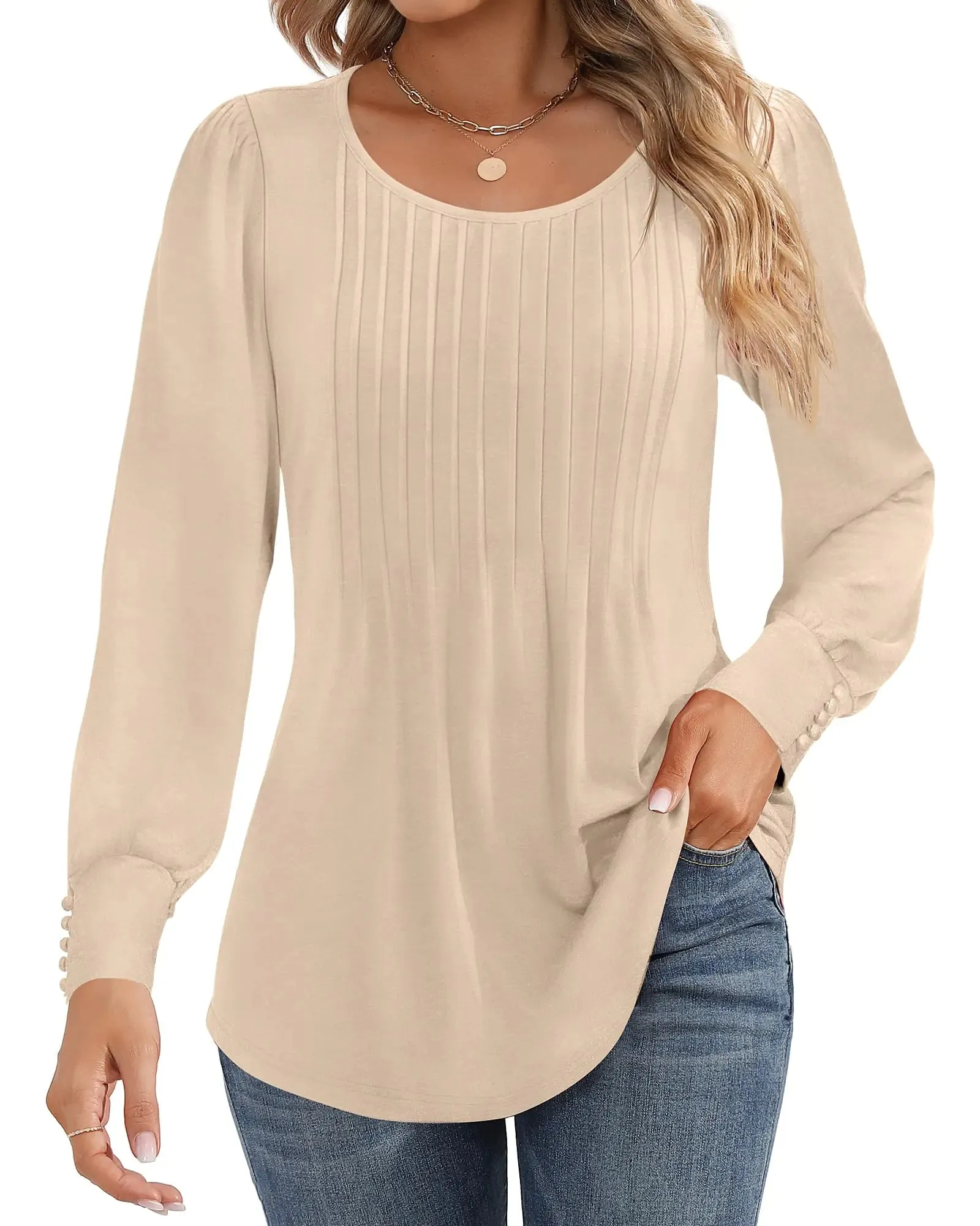 Ficerd Women's Puff Long Sleeve Tunic Tops Pleated Crew Neck Blouses Dressy Casual Loose Fit Fall and Winter Shirts Pink Floral Large