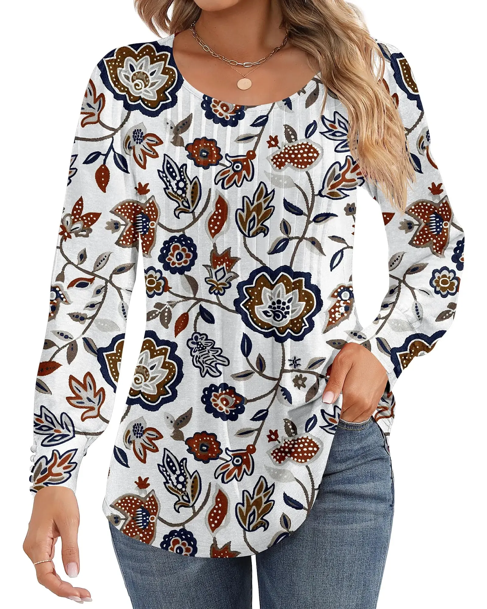 Ficerd Women's Puff Long Sleeve Tunic Tops Pleated Crew Neck Blouses Dressy Casual Loose Fit Fall and Winter Shirts Pink Floral Large
